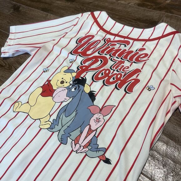 Disney Winnie The Pooh Women’s Small Red Pin Striped Baseball Button Jersey - Picture 1 of 10